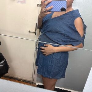 Blue Denim Romper with Cut-Out Sleeves